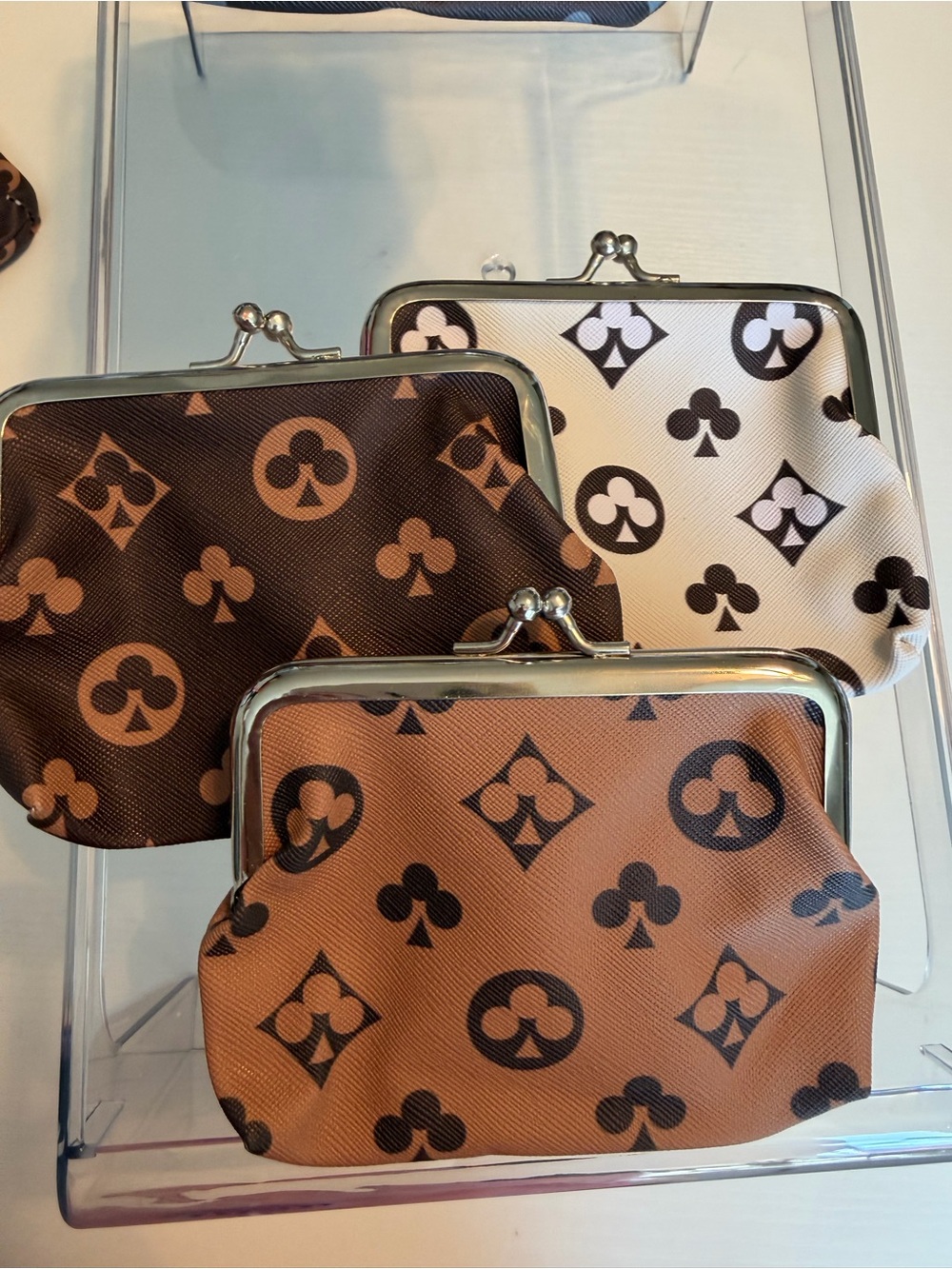 Classic Patterned Kiss-Lock Coin Purse - Brown 3pc set